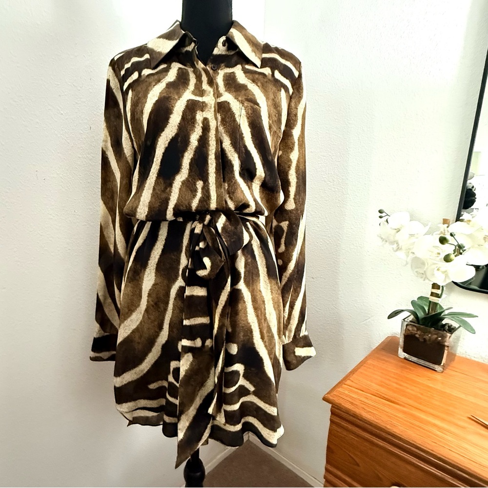 Haute Hippie 100% Silk Zebra-Print Long-Sleeve Shirt Dress (Size M) NWOT